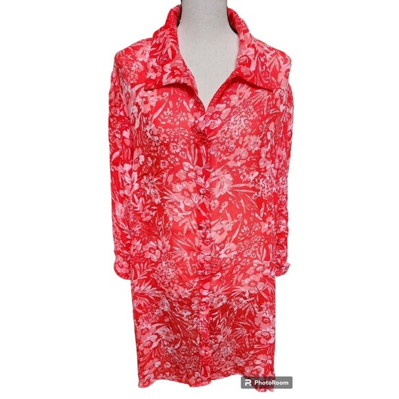 Avenue Tunic Size 22/24 Slightly Sheer Covered Buttons Red - Picture 1 of 9